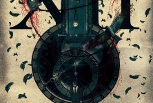 clock with gearwheels, human and crows