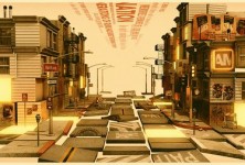 paved road between buildings abstract