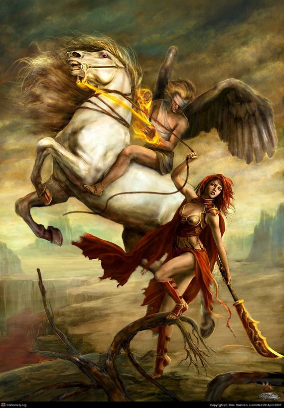 blind angel on horse and warrior woman Kirsi Salonen