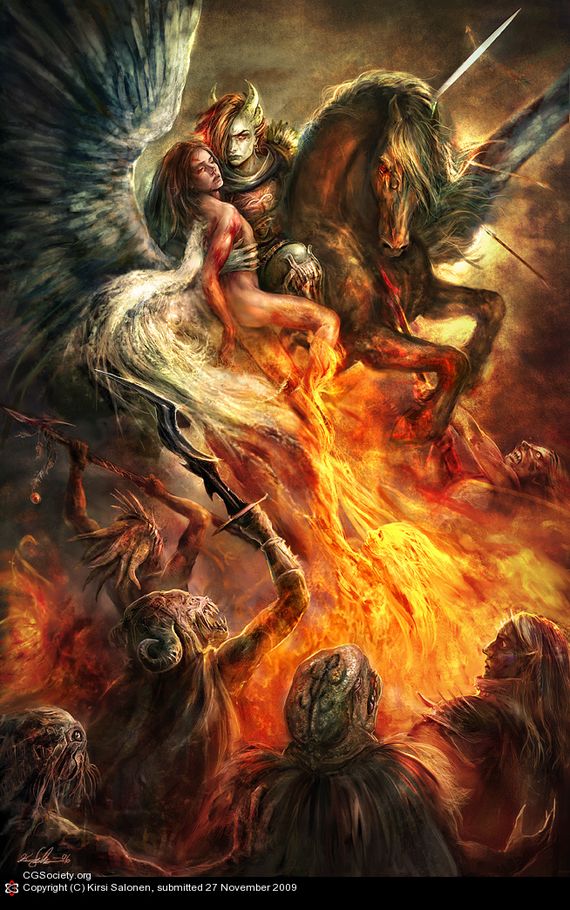 demon knight on horse holding a nude woman and jumping over flames and devils Kirsi Salonen