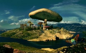 fairybig 285x175 giant mushrooms on island on lake
