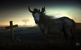 humansbig 285x175 wooden horse with bull skeleton head and wooden cross in autumn fields