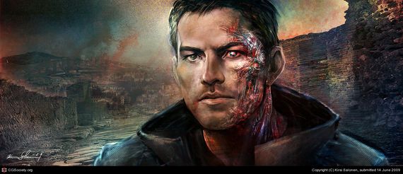 man with burnt skin in city in ruins Kirsi Salonen