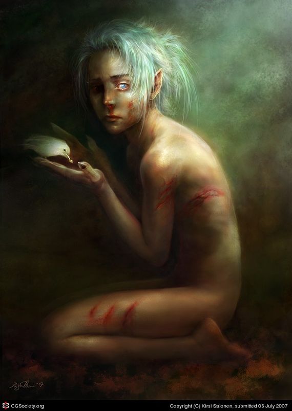 nude wounded elf child holding bird in hands Kirsi Salonen