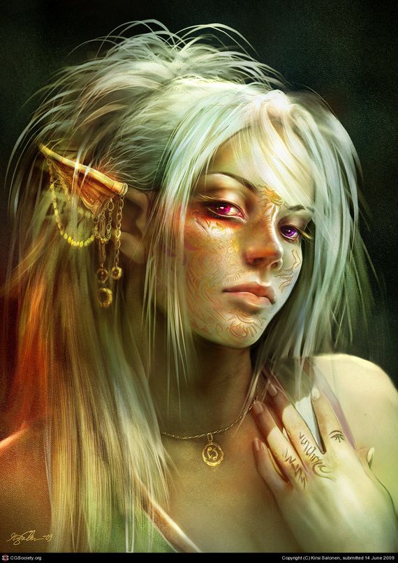 portrait of an elf female with tattoos on face and earring and necklace