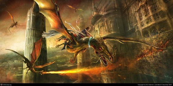 woman on green dragon protecting a wounded man during a castle siege Kirsi Salonen