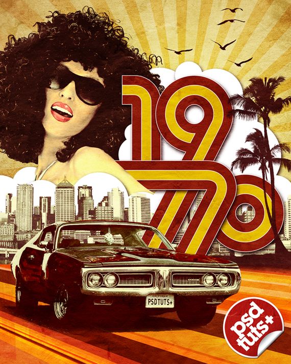retro poster with car and woman Photoshop Tutorials Roundup March 2010