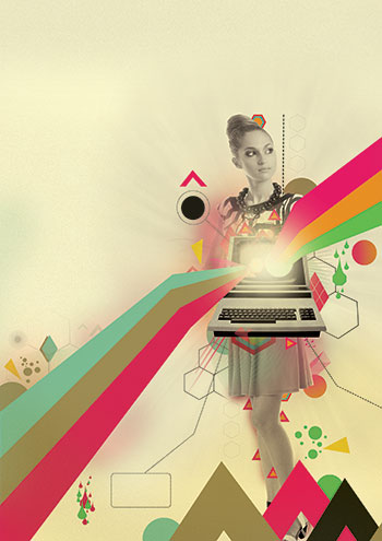 retro poster with woman holding old computer Photoshop Tutorials Roundup   March, 2010