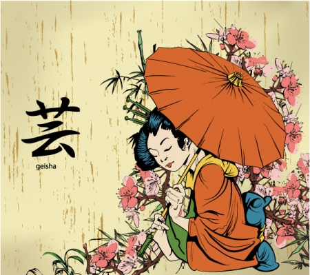Geisha with floral vector background 30 Most Beautiful Free and Premium Japanese Vector Illustrations