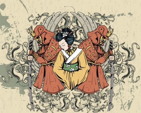 geisha and samurai with floral vector background 30 Most Beautiful Free and Premium Japanese Vector Illustrations
