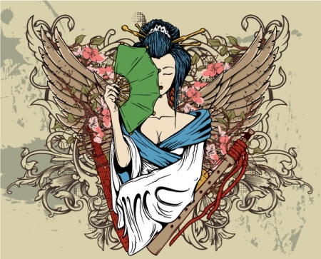 geisha with wings and floral vector background 30 Most Beautiful Free and Premium Japanese Vector Illustrations