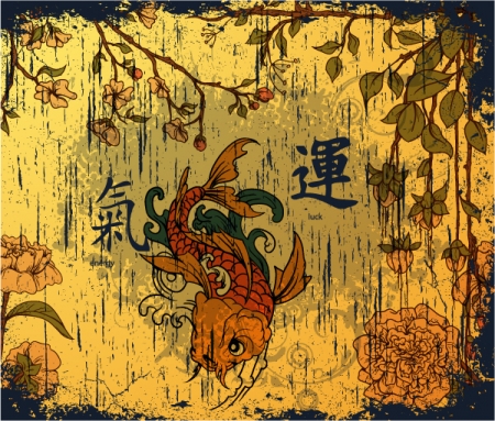 Vintage vector japanese illustration with koi fish