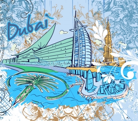 0641 dubai doodles Antalya, Bangkok, Dubai, Hong Kong, Istanbul and Kuala Lumpur   Famous Cities Vector Pack 1