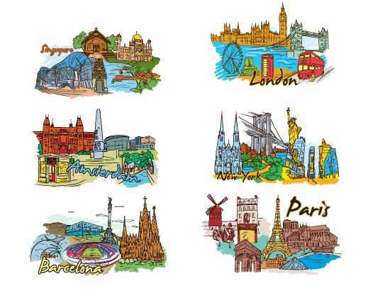 designious famous cities vector pack 2 preview 2 Amsterdam, Barcelona, London, New York, Paris and Singapore – Famous Cities Vector Pack 2
